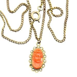 Antique coral colored Cameo carved lady silhouette seed pearl gold tone necklace